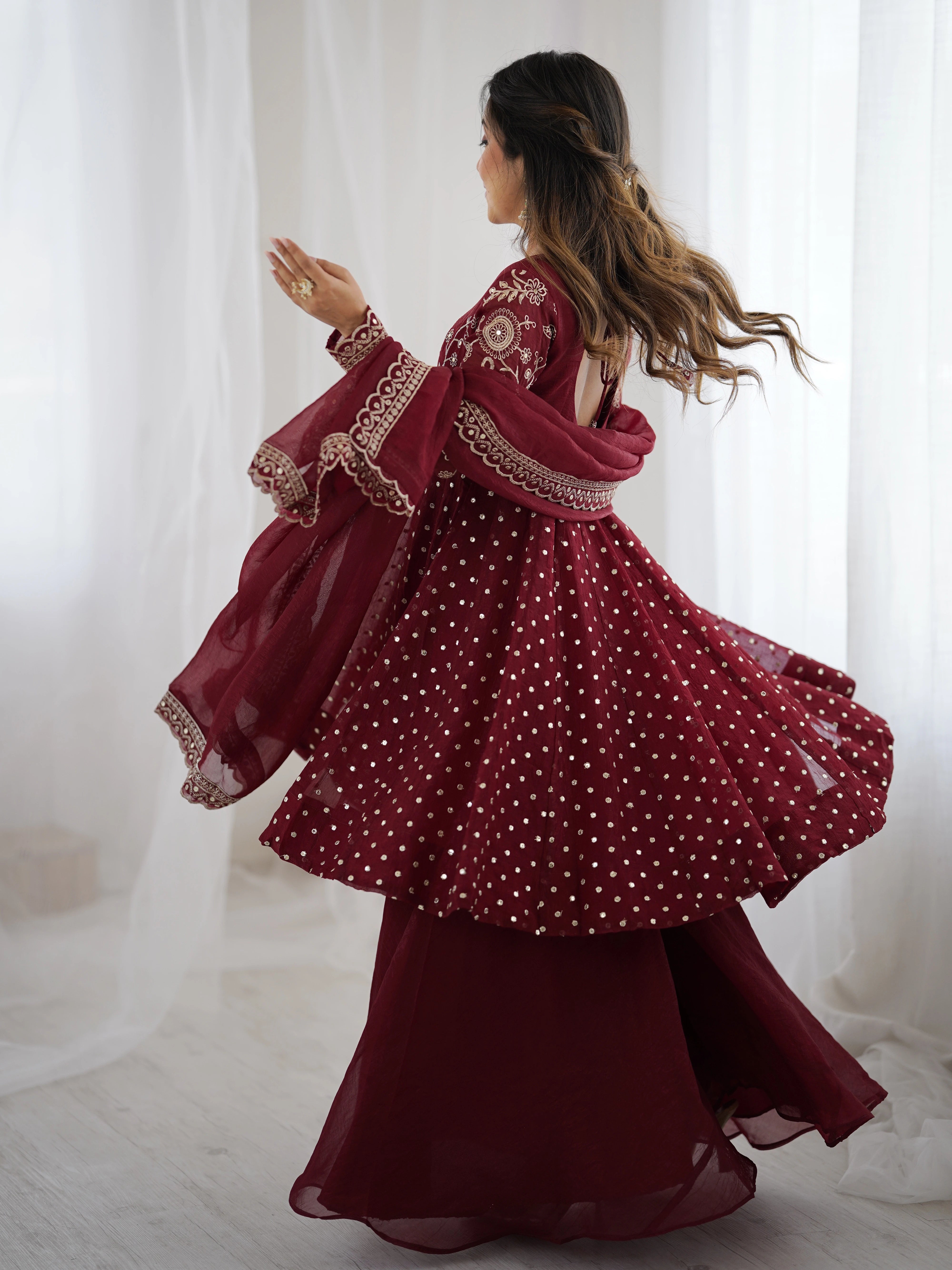 Maroon sequin embroidery crunchy silk suit – Kalyanja.